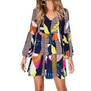 Women’s Summer Casual Tunic Dress Long Sleeve V-Neck Flowy Lightweight Size L